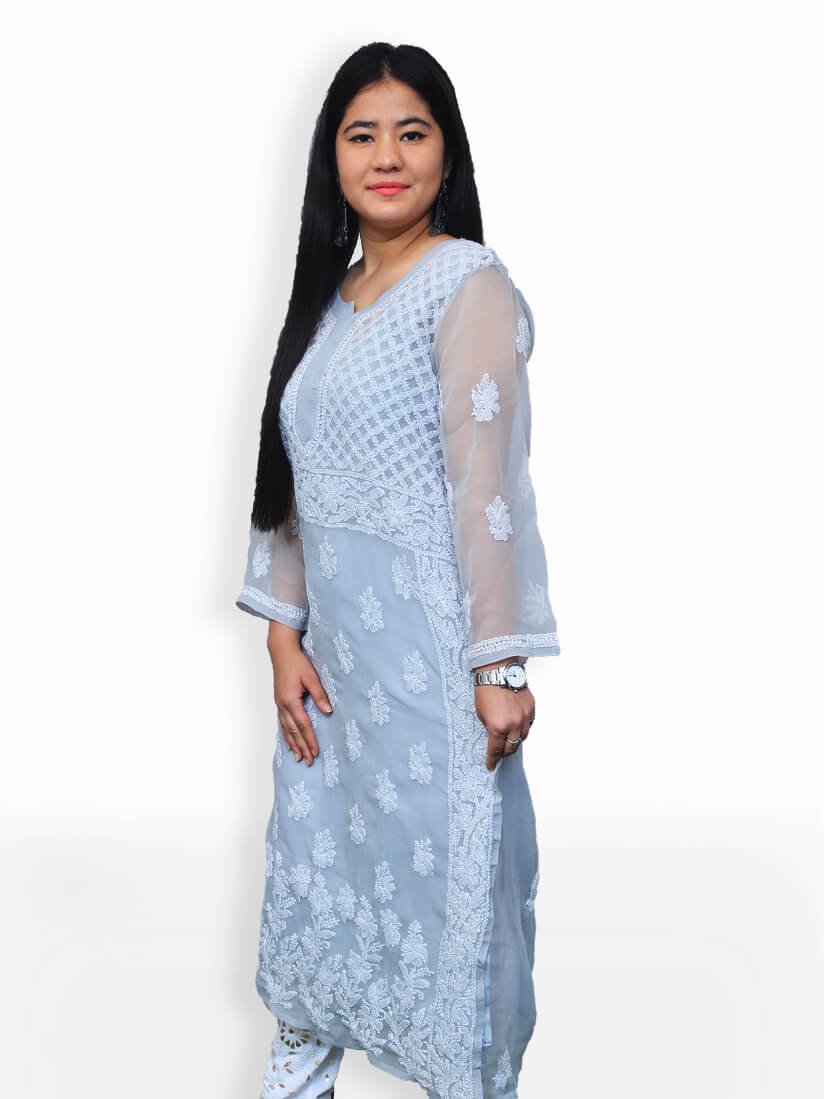 Buy Daily Wear Grey Lucknowi Cotton Kurti Online From Surat Wholesale Shop.