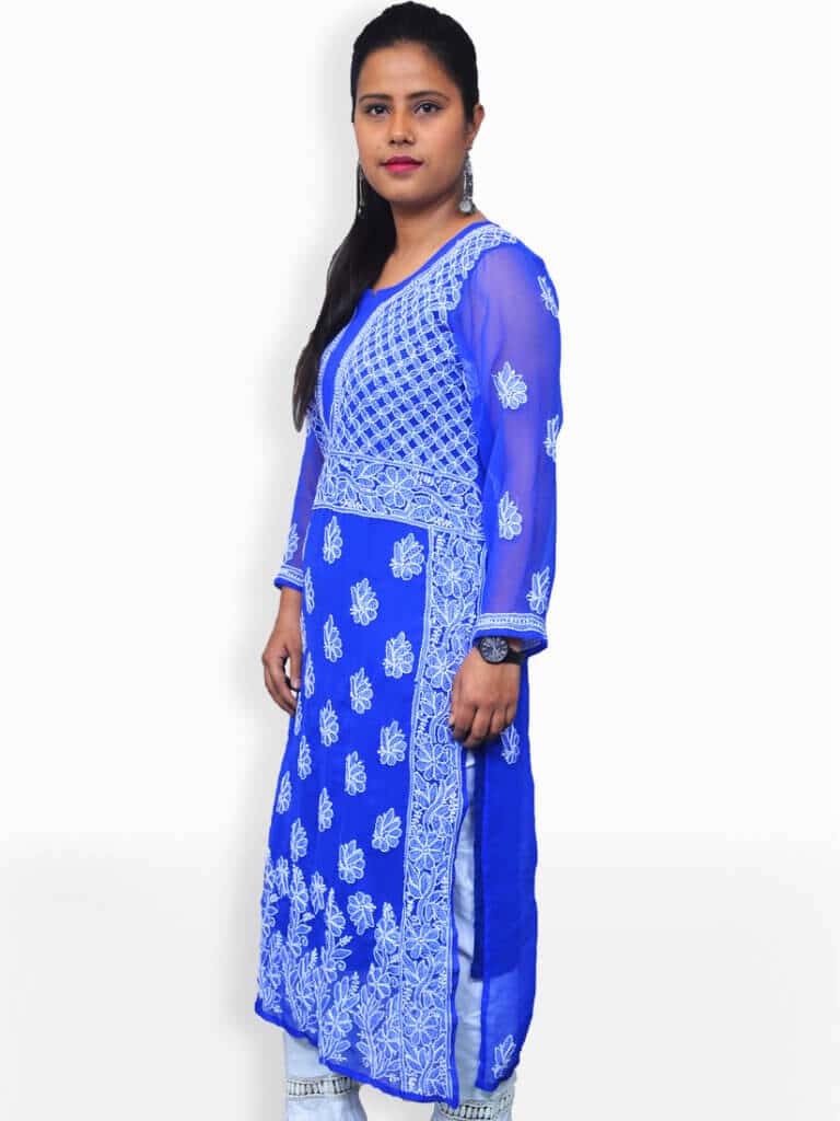 Women Blue And White Chikankari Emboridery Geogette Gala Daaman Kurti - Side