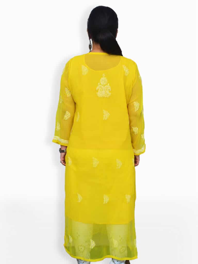 Women Yellow And White Chikankari Emboridery Geogette Gala Daaman Kurti - Back Pose