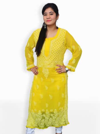 Yellow & White Gala Daman Lucknowi Chikankari Casual Georgette Kurti - Front Pose