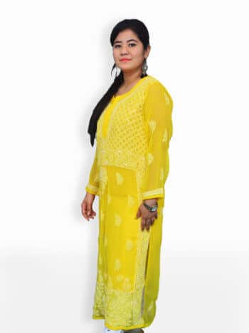 Women Yellow And White Chikankari Emboridery Geogette Gala Daaman Kurti - Side Pose