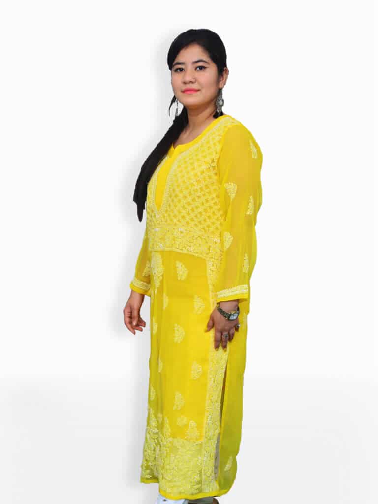 Women Yellow And White Chikankari Emboridery Geogette Gala Daaman Kurti - Side Pose