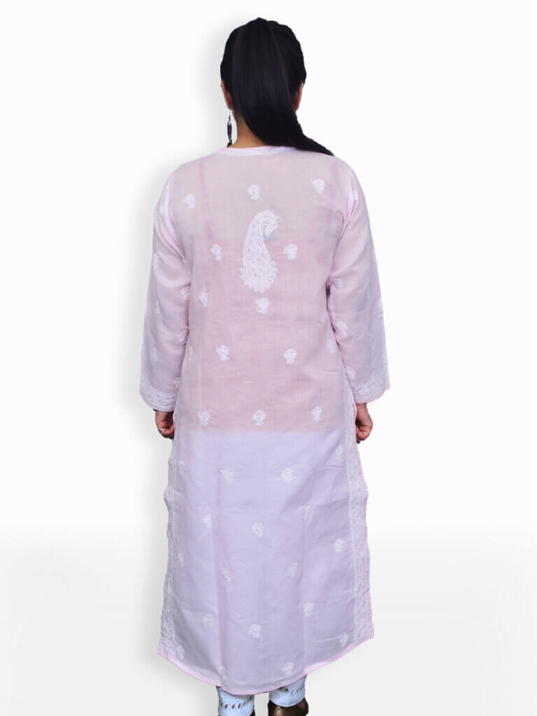 Women Baby Pink And White Chikankaari Embroidery Cotton Kurta - Back