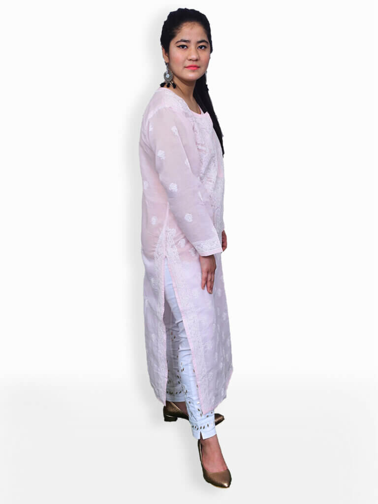 Women Baby Pink And White Chikankaari Embroidery Cotton Kurta - Side