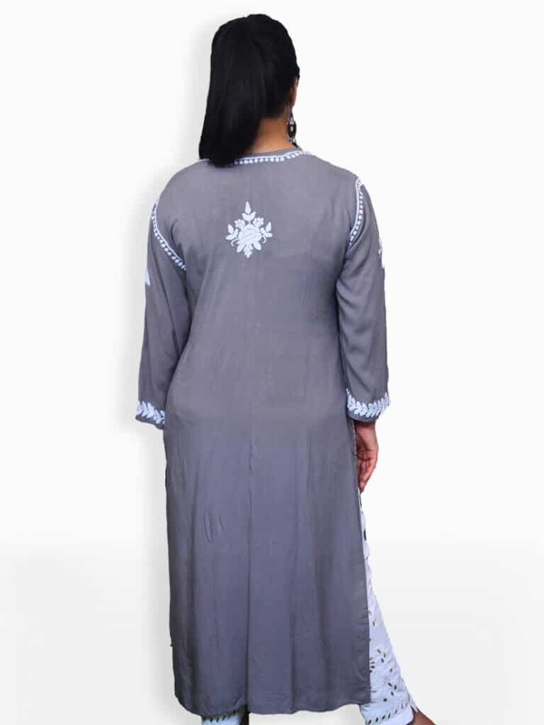 Women Grey Chikankaari Modal Rose Kurti - Back