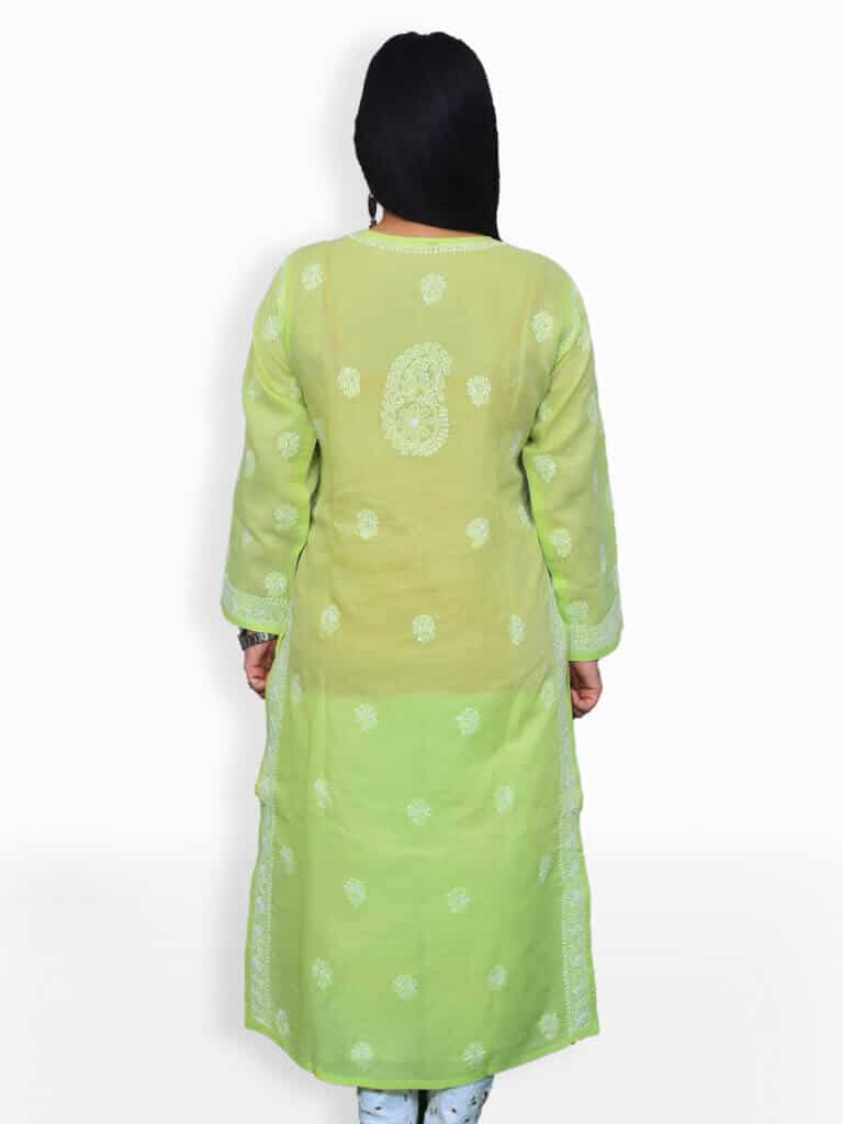 Women Light Green And White Chikankari Emboridery Cotton Kurta - Back
