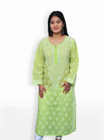 Light Green & White Gala Boti Lucknowi Chikankari Casual Cotton Kurti - Front