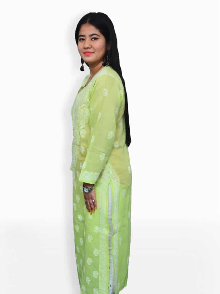 Women Light Green And White Chikankari Emboridery Cotton Kurta - Side
