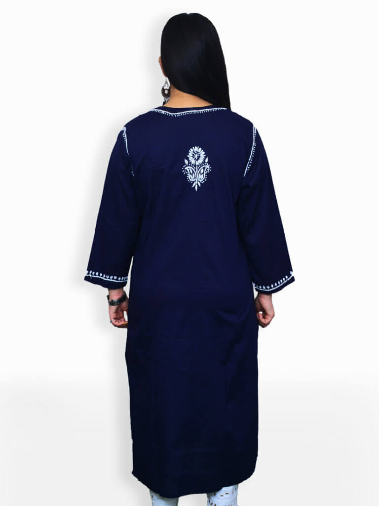 Women Navy Blue Chikankaari Front Pannel Cotton Kurti - Back