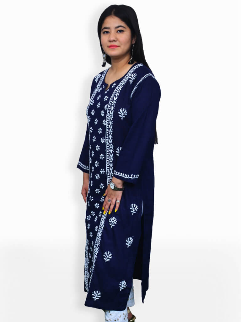 Women Navy Blue Chikankaari Front Pannel Cotton Kurti - Left Side