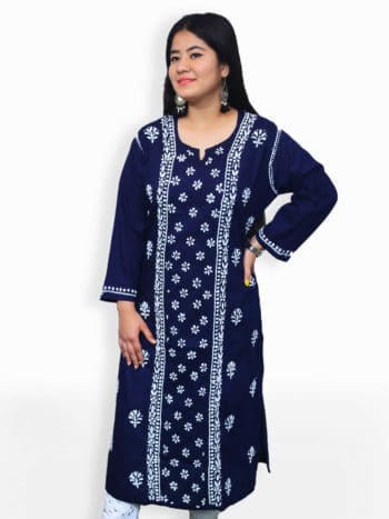 Navy Blue & White Front Panel Lucknowi Chikankari Casual Cotton Kurti - Front