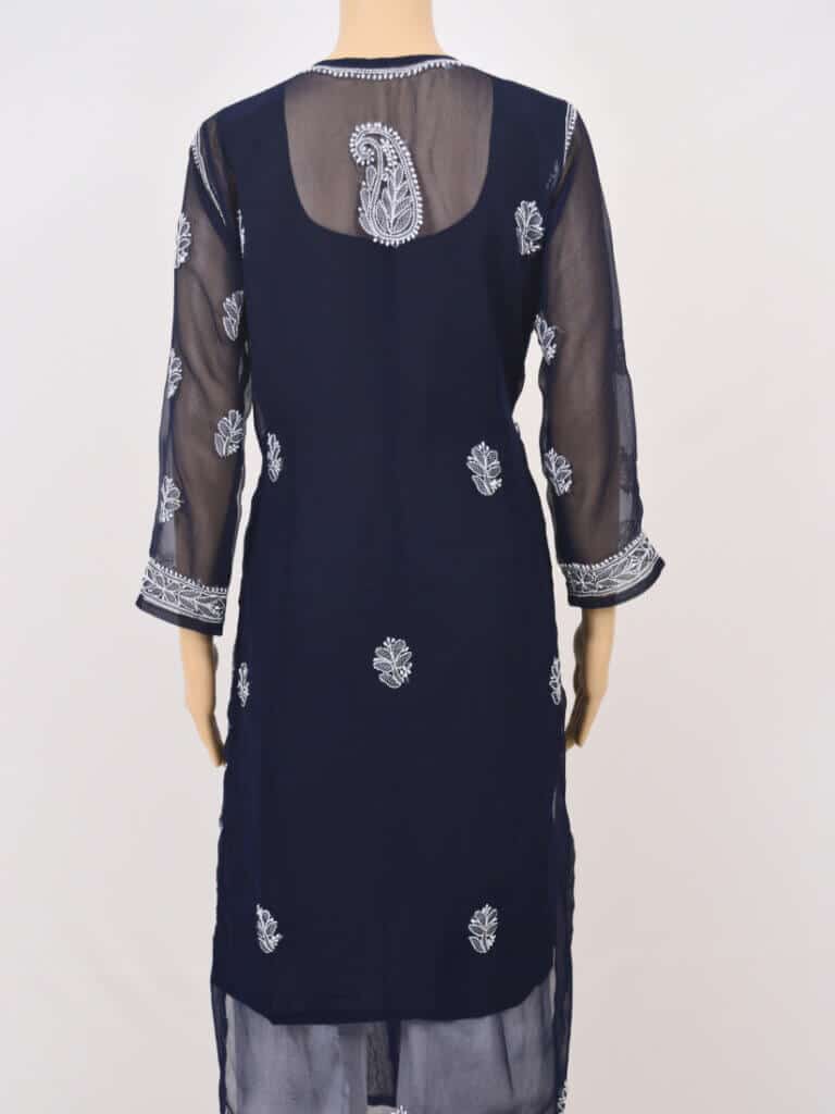 Women Navy Blue Chikankari Angrakha Georgette Kurta - Back