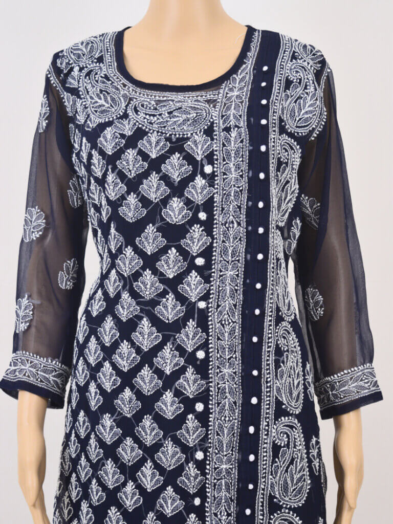 Women Navy Blue Chikankari Angrakha Georgette Kurta - Front Mid