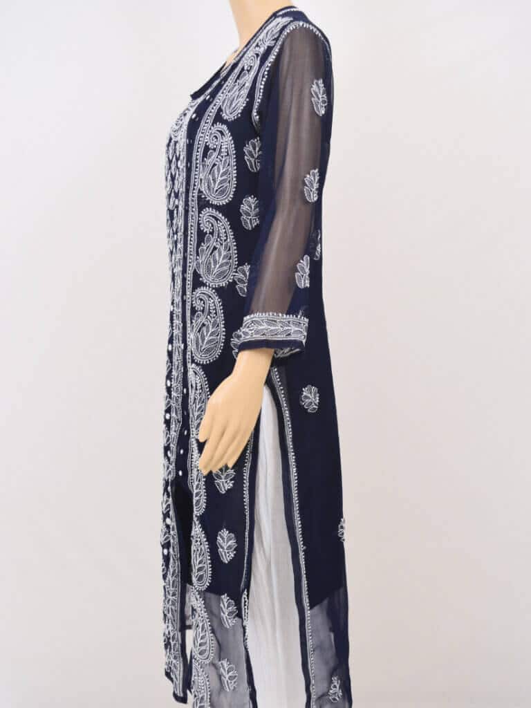 Women Navy Blue Chikankari Angrakha Georgette Kurta - Side