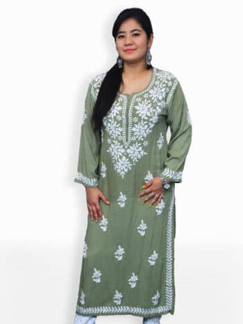 Shyamal Chikan Hand Embroidered Peach Cotton Lucknowi Chikankari Kurti