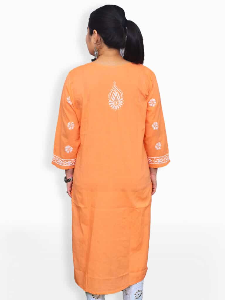 Women Orange And White Chikankari Embroidery Cotton Kurta - Back