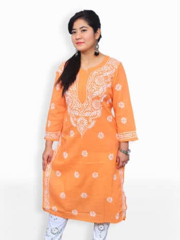 Orange & White Ghas Patti Lucknowi Chikankari Casual Cotton Kurti - Front