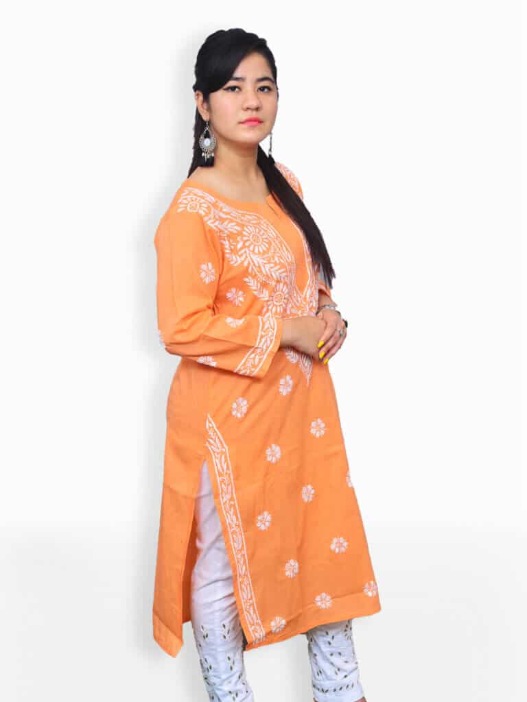 Women Orange And White Chikankari Embroidery Cotton Kurta - Side
