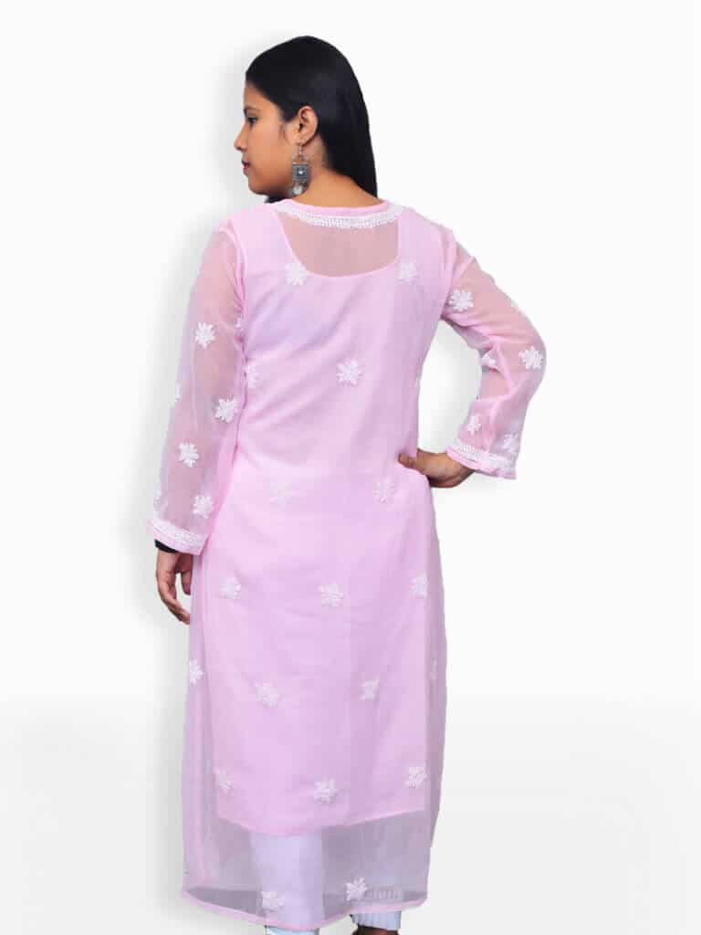 Women Pink And White Chikankaari Emboridery Georgette Side Rose Bel Kurti - Back Pose