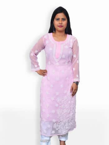 Pink & White Rose Bel Lucknowi Chikankari Casual Georgette Kurti - Front Pose