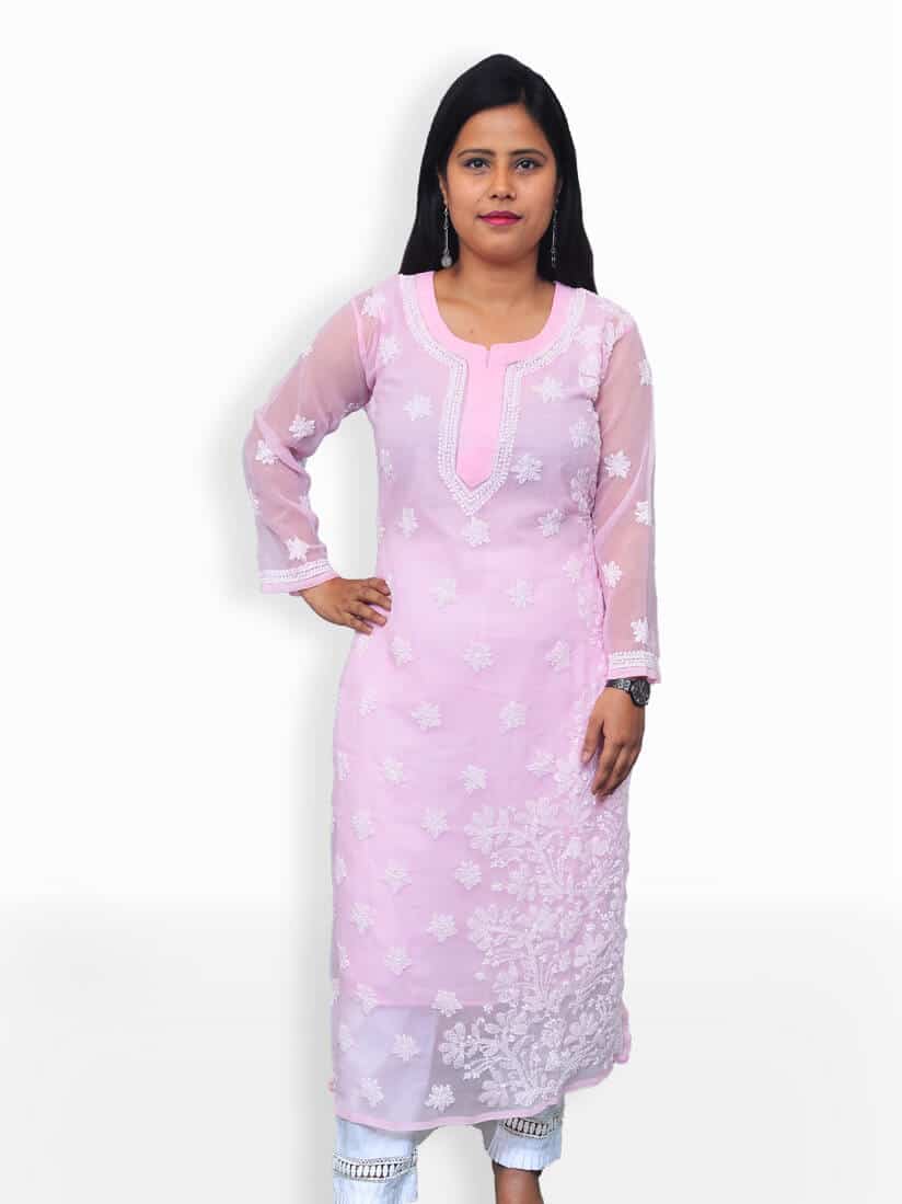 Georgette long chikankari white kurta with mirror work – Label Aja  Chikankari