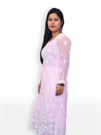 Women Pink And White Chikankaari Emboridery Georgette Side Rose Bel Kurti - Side Pose