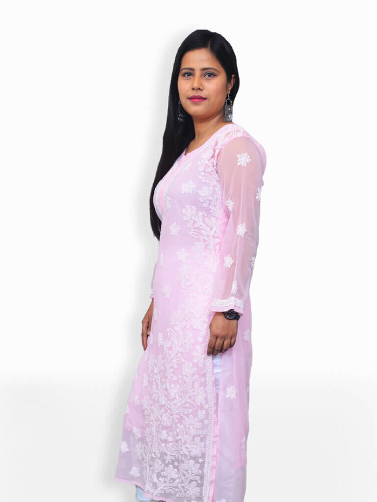 Women Pink And White Chikankaari Emboridery Georgette Side Rose Bel Kurti - Side Pose