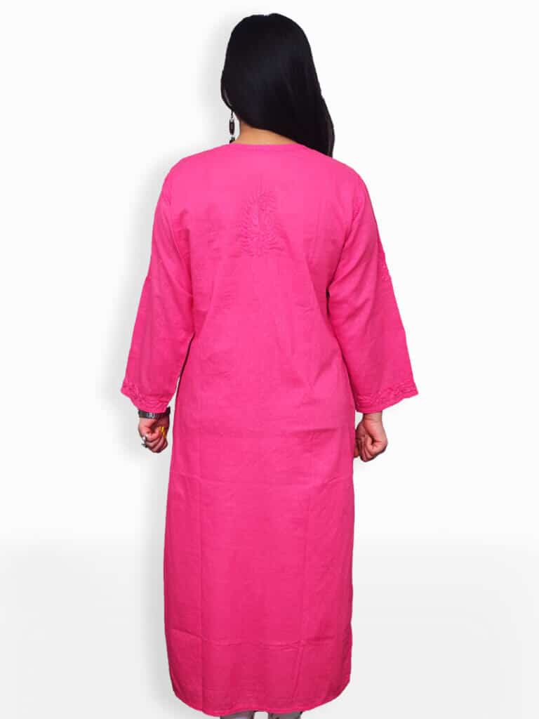 Women Pink Chikankari Rose Booti Cotton Kurta - Back