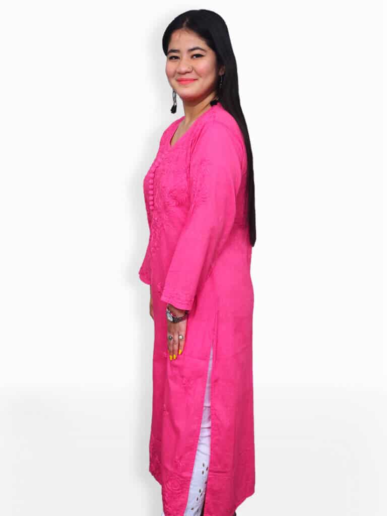 Women Pink Chikankari Rose Booti Cotton Kurta - Side