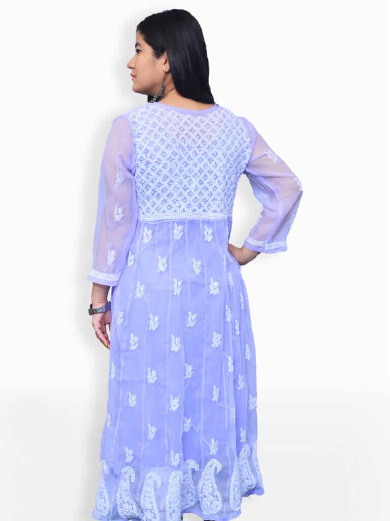 Women Purple Chikankaari Embroidery Front Button Georgette Kurti - Back