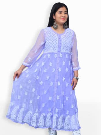 Purple & White Gala Daman Lucknowi Chikankari Casual Georgette Kurti - Front