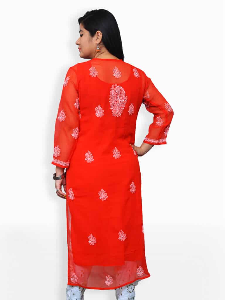 Women Red And White Chikankari Emboridery Geogette Gala Daaman Kurti - Back Pose