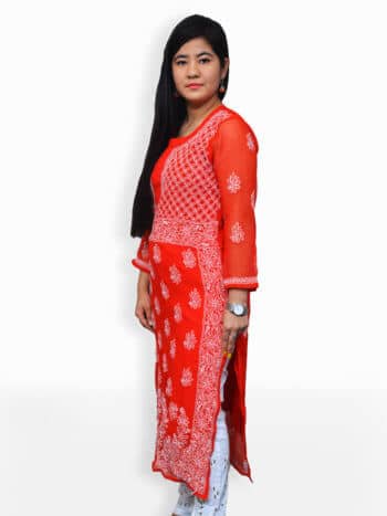 Women Red And White Chikankari Emboridery Geogette Gala Daaman Kurti - Side Pose