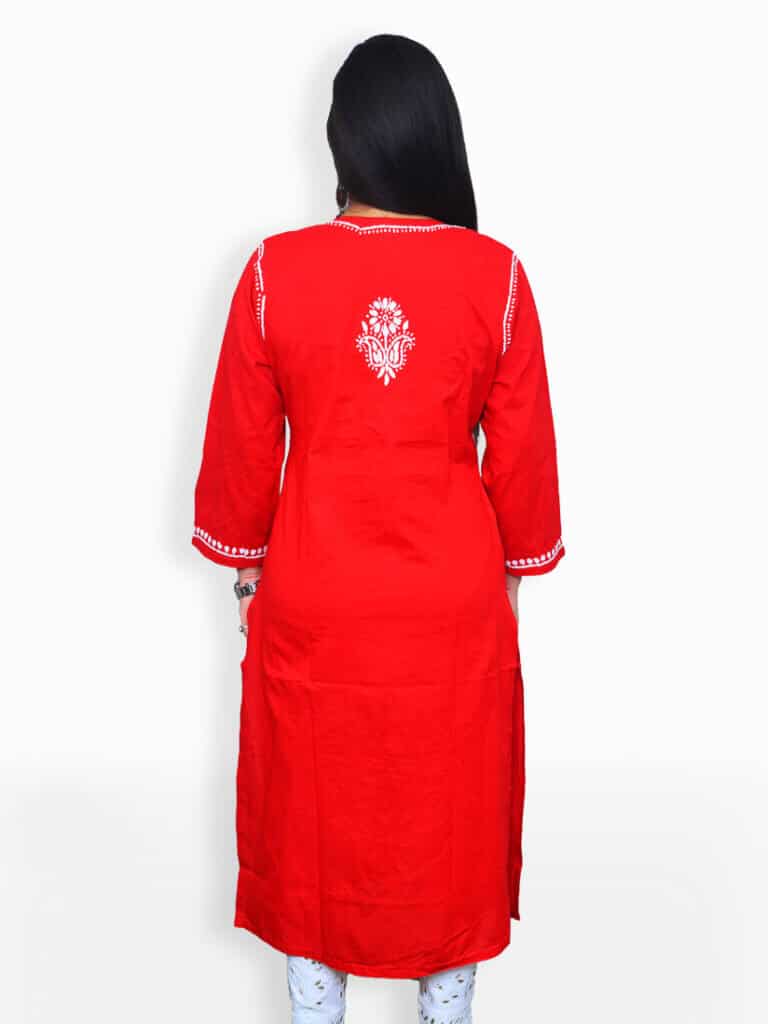 Women Red Chhikankaari Front Panel Cotton Kurti - Back