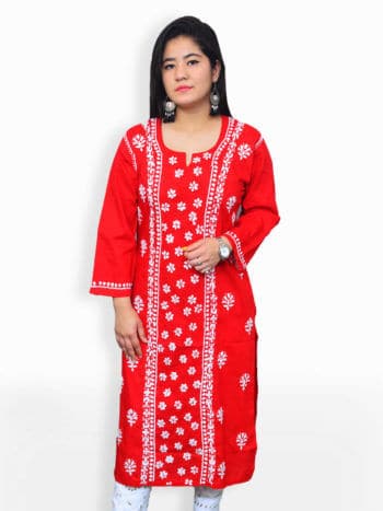 Red & White Front Panel Lucknowi Chikankari Casual Cotton Kurti - Front