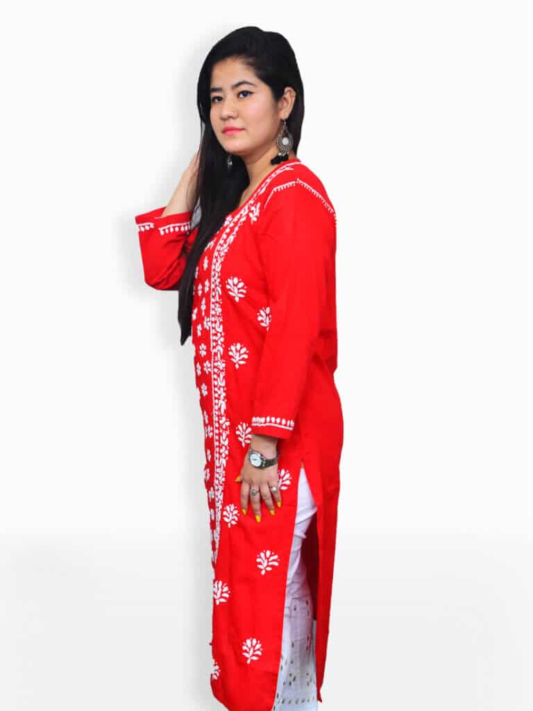 Women Red Chhikankaari Front Panel Cotton Kurti - Side