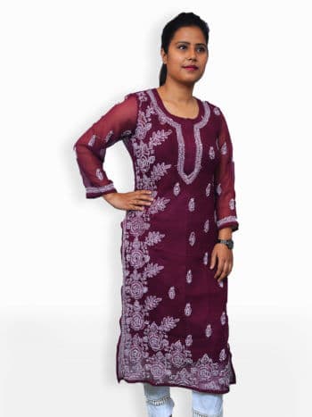 Wine & White Side Rose Bel Lucknowi Chikankari Casual Georgette Kurti- Front