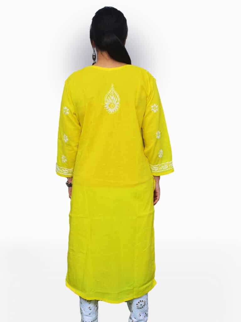 Women Yellow And White Chikankaari Ghas Pati Embroidered Cotton Kurta - Back Pose