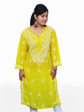 Yellow & White Ghas Patti Lucknowi Chikankari Casual Cotton Kurti - Front Pose