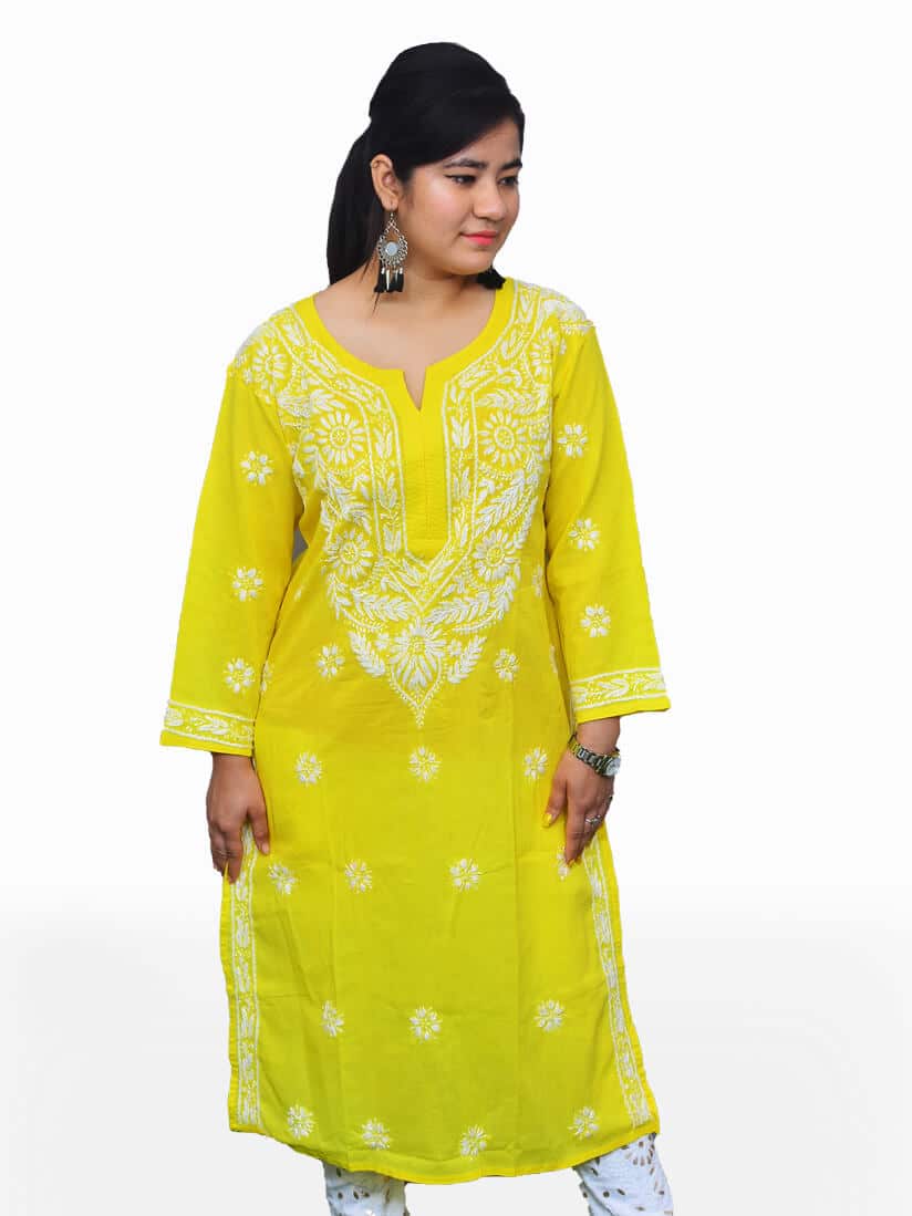 Chikankari Cotton Lemon Yellow Kurta ( Stitched )