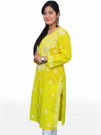 Women Yellow And White Chikankaari Ghas Pati Embroidered Cotton Kurta - Side Pose