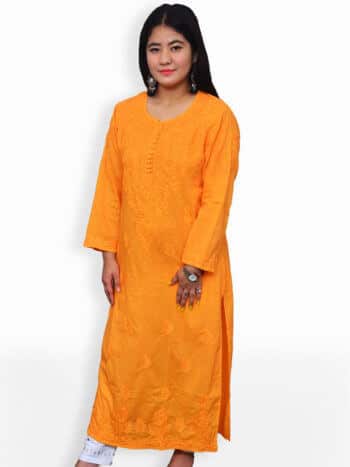 Orange Rose Boti Lucknowi Chikankari Party Wear Cotton Kurti - Front
