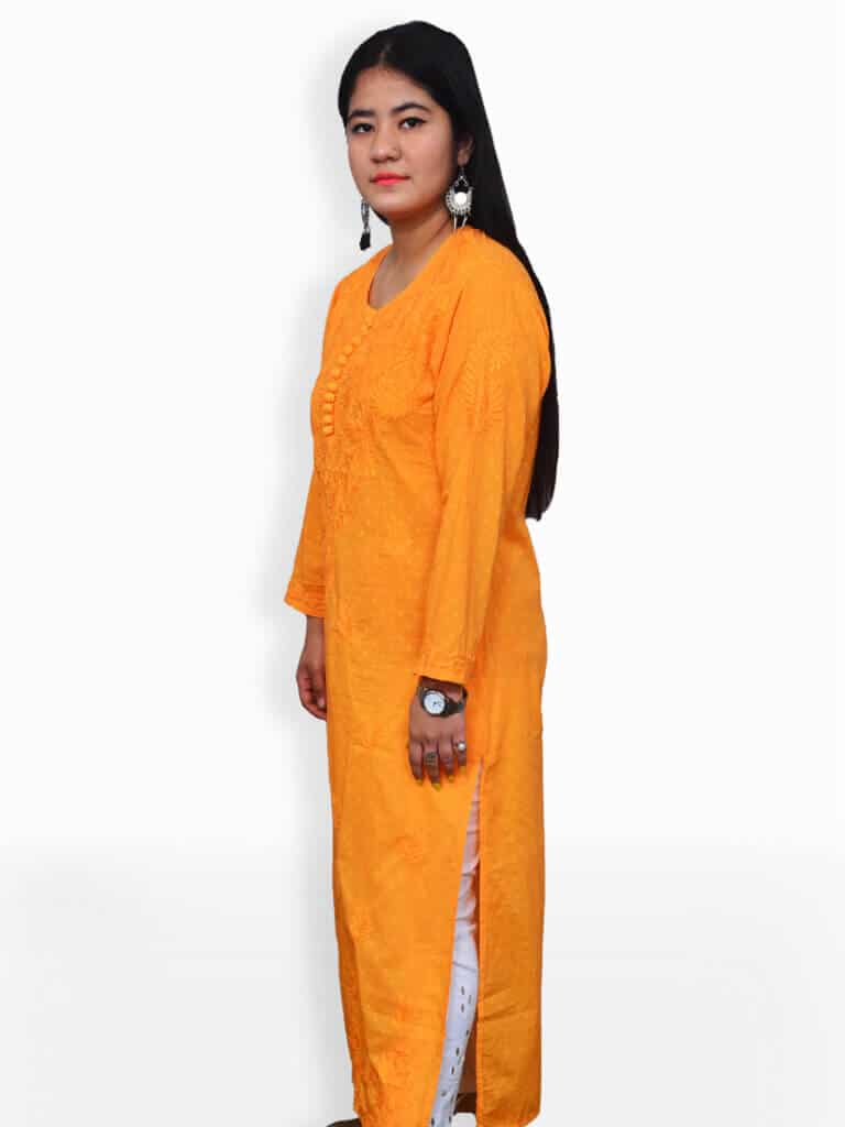 Women Orange Chikankari Rose Booti Cotton Kurta - Side