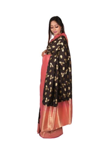 Black Pink Motifs Floral Zari Banarsee Party Wear Semi Silk Saree - Side Pose