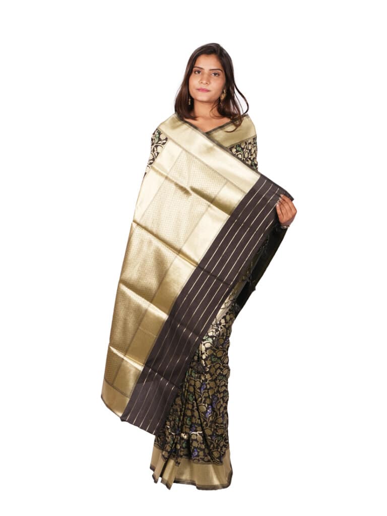 Black Gold Toned Floral Woven Design Banarsee Party Wear Saree - Anchal Pose