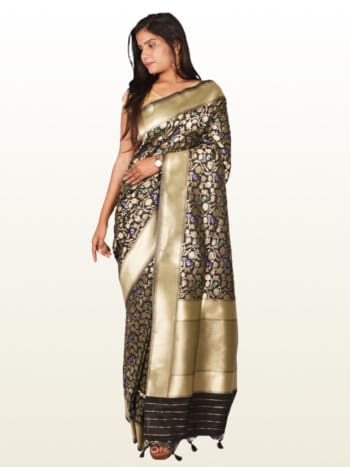 Black Gold Toned Floral Woven Design Banarsee Party Wear Saree - Front Pose Edited