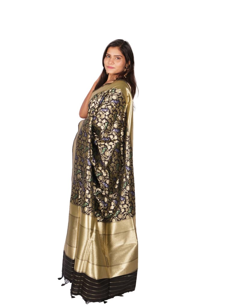 Black Gold Toned Floral Woven Design Banarsee Party Wear Saree - Side Pose
