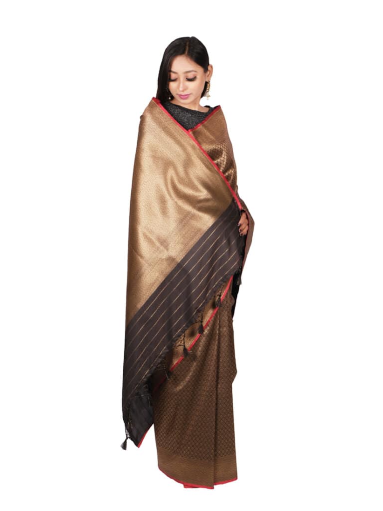 Black Motifs Zari Banarsee Party Wear Semi Silk Saree - Anchal Pose