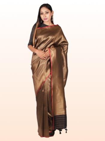 Black Motifs Zari Banarsee Party Wear Semi Silk Saree - Front Pose Edited