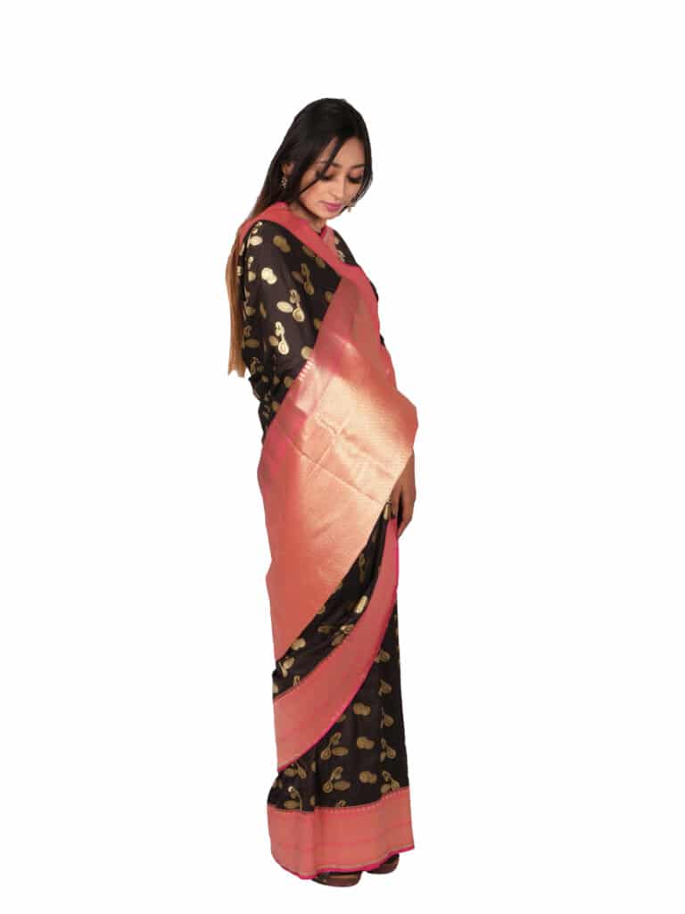 Black Pink Motifs Floral Zari Banarsee Party Wear Semi Silk Saree - Anchal Pose